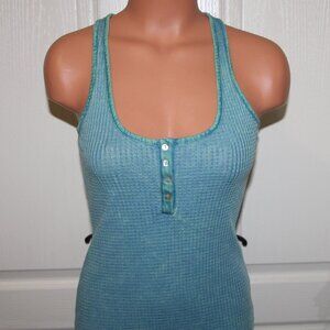 NWT! Blue Vintage Wash XS Low Cut Waffle Thermal Fitted Henley Stretch Tank